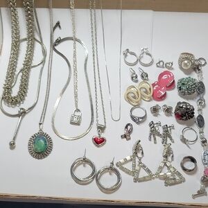 Silver Tone Heart Pendant Necklace and Assorted Silver Jewelry Lot